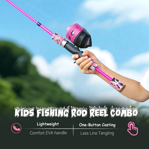 Kids Fishing Pole Set (Pink Pole Set with Folding Stool / 1.2M 3.9FT)