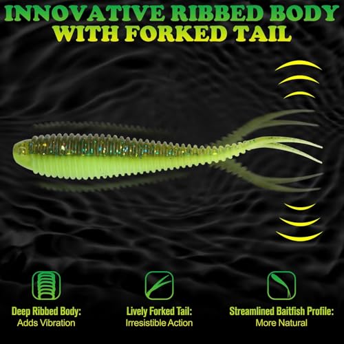 Soft Plastic Baits Forked Tail Fishing Soft Bait for Bass Walleye Trout Crappie Lures Green Flash (Green Flash / 3.5in-30pcs)