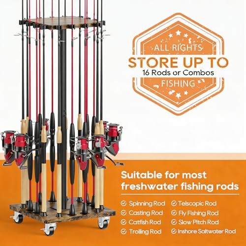 Fishing Rod Holders for Garage 360° Rotating Fishing Pole Rack (Brown)