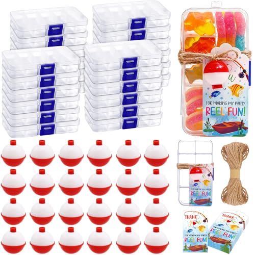 24 Set Fishing Candy Little Tackle Boxes for Birthday Party Favors with 24 Fishing Bobber 24 Thank You Cards for Making My Party Reel Fun Gone Fishing Theme Supplies Fishing Decorations