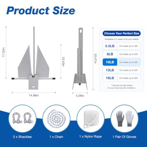 5.5/8/10/13/18 Zinc-Nickel Fluke Boat Anchor Kit, Danforth Anchor with Rope