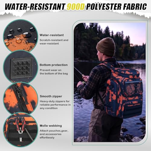 45L Fishing Backpack with Rod Holders & Built (Black and Orange Graffiti)