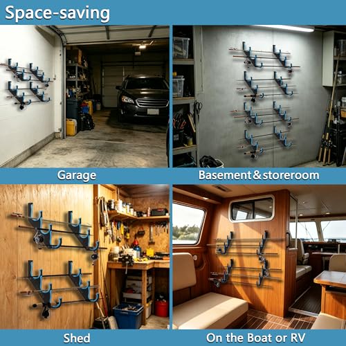 Fishing Rod Holders & Pole Holders for Garage (Blue 4Pack 3-Holder (12 Rods))