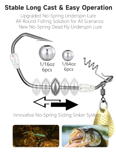 Underspin Lure Hook with weedless Bait Lock Sliding Stainless Steel Sinker (2/0 Golden 12-Pack)