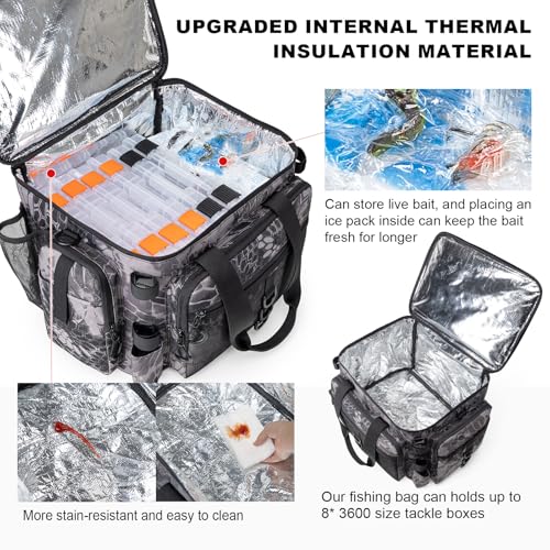 Fishing Tackle Bag with Rod Holders & Cooler Main Compartment (Camouflage Black)