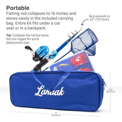 Beginner Kids Fishing Pole & Tackle Box (Blue / 1.2m or 3.9FT)