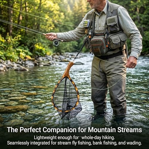 Floating Handcrafted Bamboo Fly Fishing Landing Net (Large / Curved Handlebar / Glued mesh)