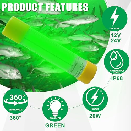 Underwater Fishing Light 20W 16000 Lumens 12V Super Bright LED Submersible Fish Bait Finder Lamp Deep Drop Night Fishing Attracting Light for Snook Crappie Squid Shrimp Prawns Boat Dock (Green)