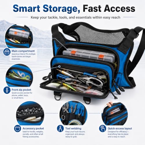 All in One Fishing Chest Pack Tackle Bag with Tackle Box (Blue)