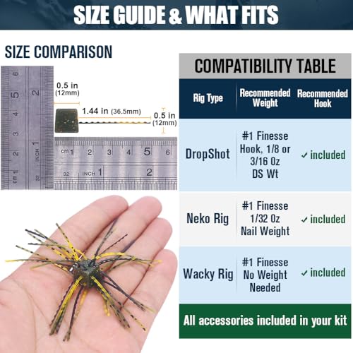 Fuzzy-Dice-Bass-Fishing-Lure-Kit-Soft-Plastic-Cube-Baits with Wacky Hooks & Nail Weights,Drop Shot Weights - Finesse Rig for Smallmouth & Largemouth Bass, FFS Optimized (Square Skirted Dice Kit) (Square Skirted Dice Kit)