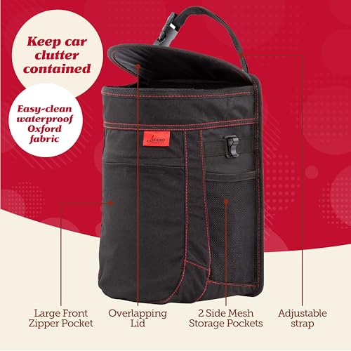 Spill Proof Car Trash Can (2.5 Gal 1-Pack / Black, Red Stitching)