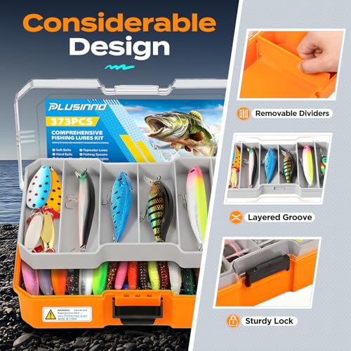 Fishing Lures Tackle Box Gear Kit with Tackle Included (Orange 373 PCS Lures Box)