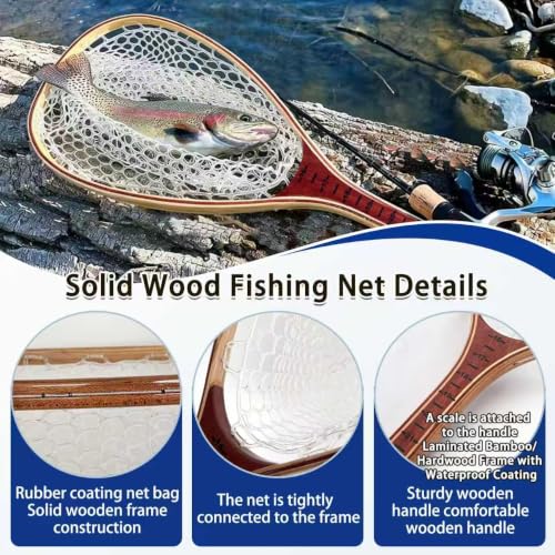 Fly Fishing Landing Net Trout Soft 23.62in Rubber Catch and Release Fish Net with Wooden Handle Frame Magnetic Fly Fish Net