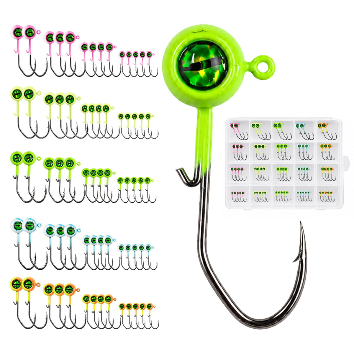 Jig Heads Fishing Hooks Kit with 3D Eyes Multi Size for Bass Panfish Lures (70pcs-1/32oz,1/16oz,1/8oz,3/16oz)