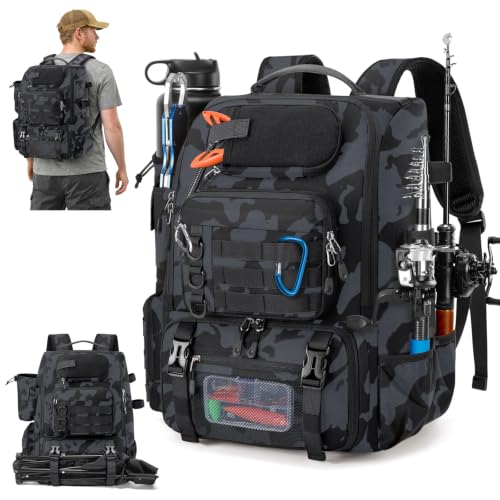 Fishing Backpack 40L Tackle Backpack with Rod Holders & Cooler (Camouflage)