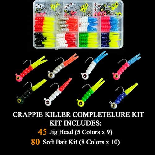 125/130-Piece Crappie Jig Lure Kit-Jig Heads, Split-Tail Grub Bait