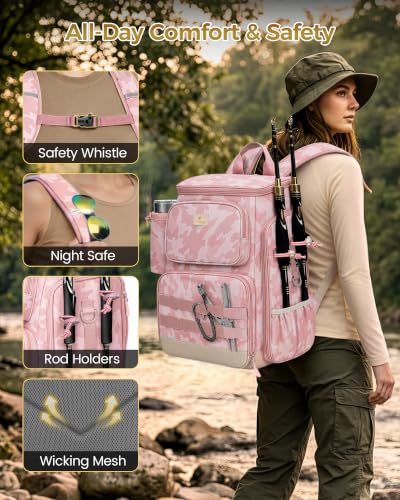 Pro Pink Fishing Backpack for Women with 4 Trays & Rod Holders (Pink Camouflage)