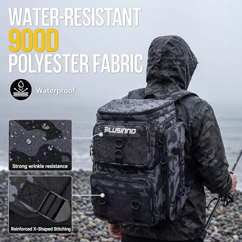 Fishing Tackle Backpack with Rod Holders (Black Camouflage.)