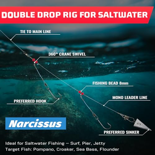 Double Drop Saltwater Fishing Rig (Double Drop Rig-12Pack-Clear / Mono)
