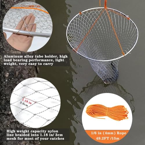 Large Collapsible Bridge Pier Fishing Net Landing Net with Rod (31.5 x 31.5 x 41")