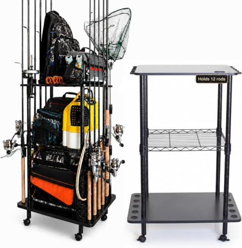 Fishing Rod Holders for Garage W (Black / 12-Rod tackle cart)