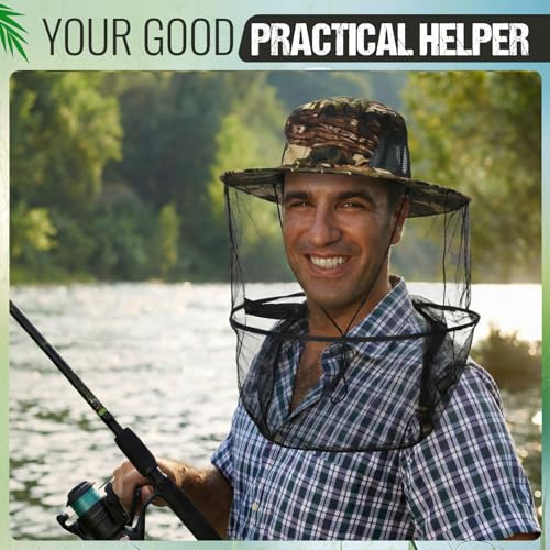 8 Pcs Mosquito Head Net Hat Sun Hat Mesh Fishing Bucket Cap Garden Bug Cap Face Cover with Zipper for Men Women (Camo Colors)