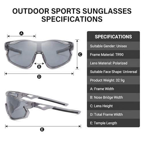 Polarized Sports Sunglasses for Men Women with UV400 Protection for Baseball Cycling Running Driving TR90 Frame (Grey Frame - Silver Mirror Lens)