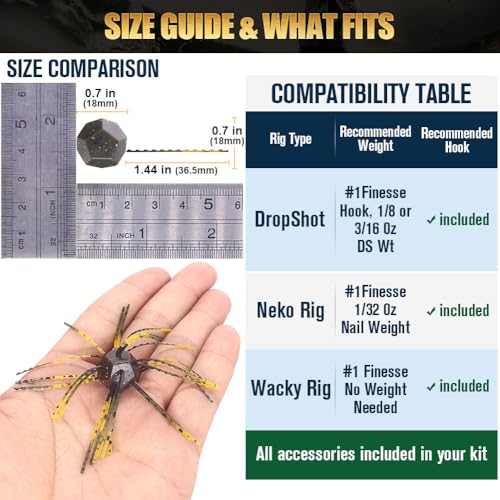 Fuzzy-Dice-Bass-Fishing-Lure-Kit-Soft-Plastic-Cube-Baits with Wacky Hooks & Nail Weights,Drop Shot Weights - Finesse Rig for Smallmouth & Largemouth Bass, FFS Optimized