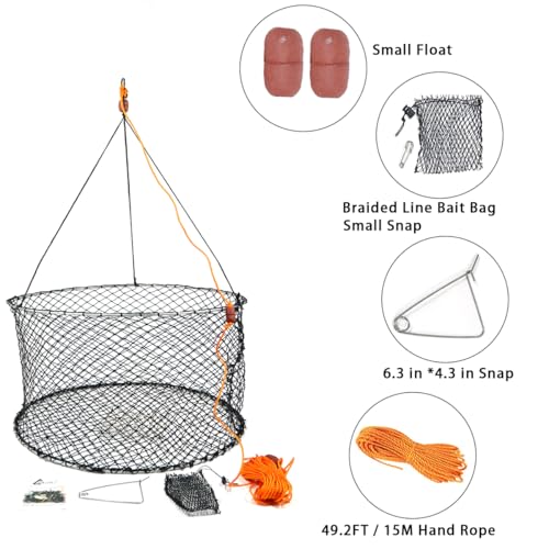 Crab Ring Trap Two Ring Crab Kit with Harness and Bait Clip Fishing Crabbing Net for Board Kayak Dock and Pier Net 24 * 24 * 13.78 in 2PCS (24*24*13.78 IN / 61*61*35 cm)