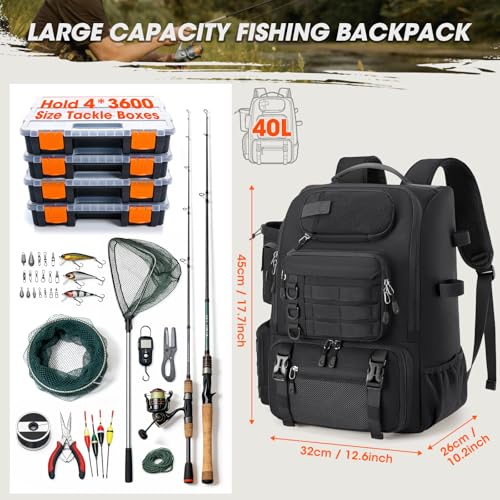 Fishing Backpack 40L Tackle Backpack with Rod Holders & Cooler (Black)