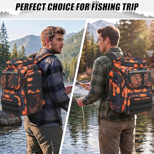 45L Fishing Backpack with Rod Holders & Built (Black and Orange Graffiti)