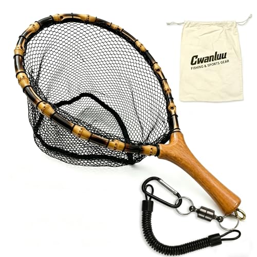 Floating Handcrafted Bamboo Fly Fishing Landing Net (Middle / Straight Handlebar / Glued mesh)