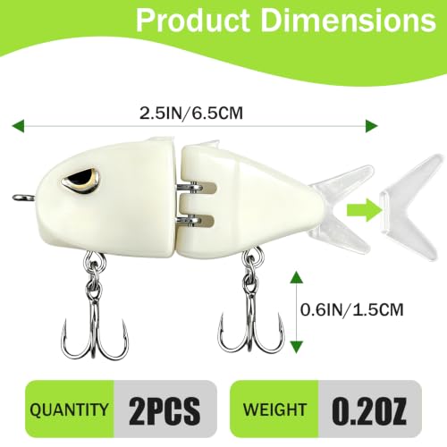 Topwater Fishing Lures with Rotating Tail (2Pcs White)