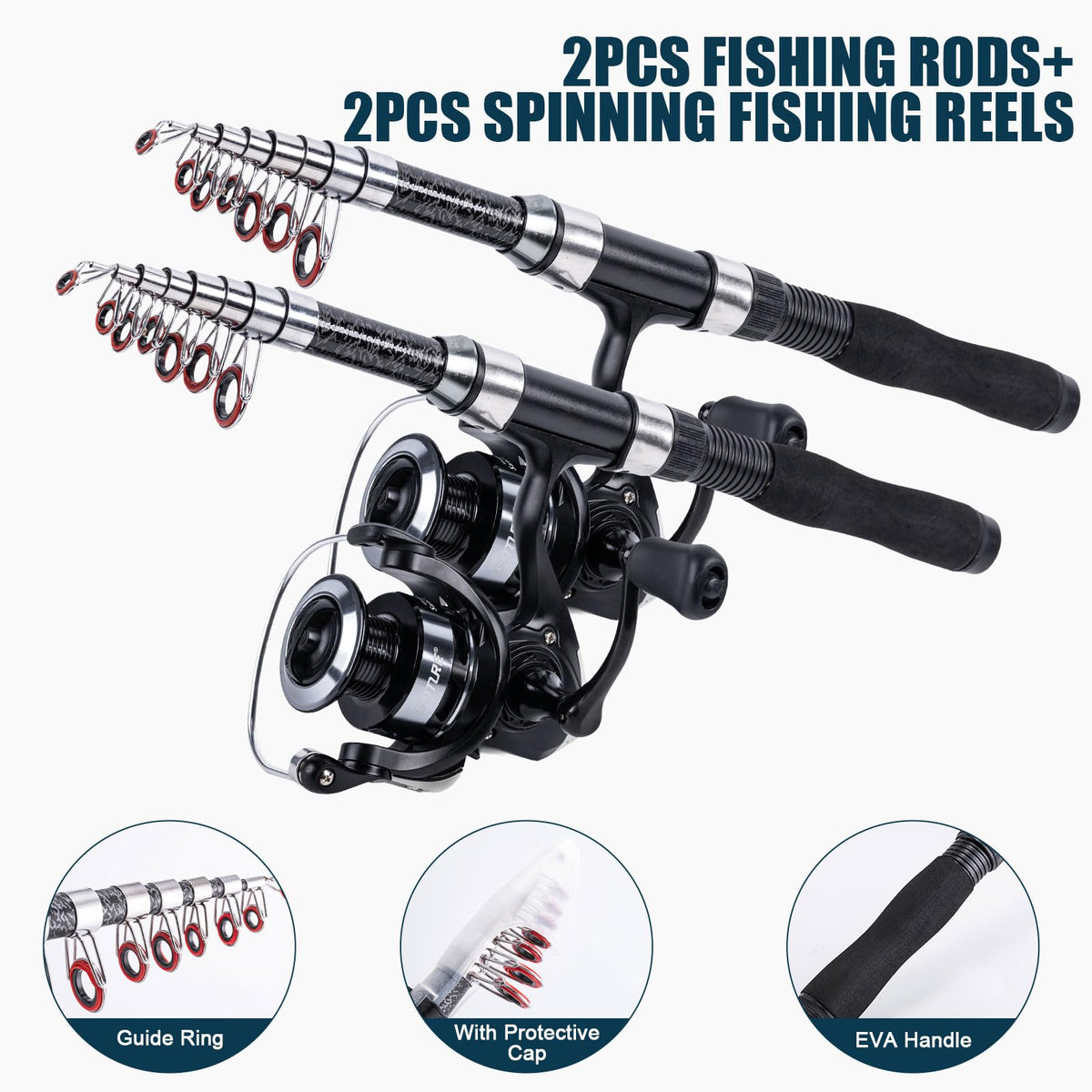 2 Pack Fishing Rod and Reel Combo with Carrier Bag (B1 / 6.2 FT)