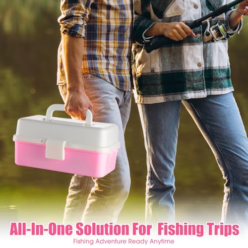 3 Layers Fishing Tackle Box 414 Pcs Fishing Gift Lures Gear Kit with Tackle Included Pliers Lip Gripper Bait Hook Accessories for Beginner Fisherman Women Men (Pink)