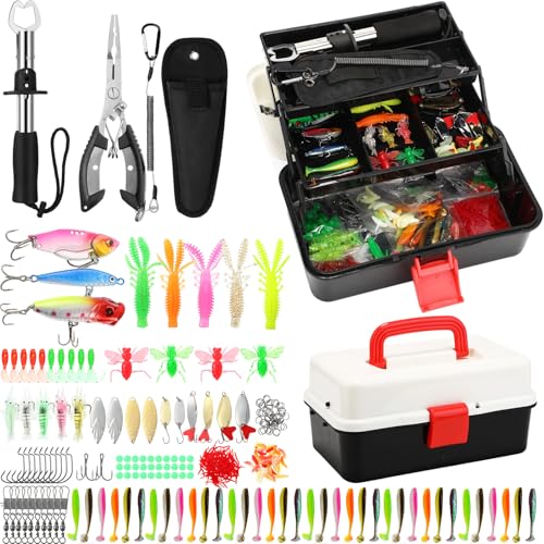 3 Layers Fishing Tackle Box 414 Pcs Fishing Gift Lures Gear Kit with Tackle Included Pliers Lip Gripper Bait Hook Accessories for Beginner Fisherman Women Men