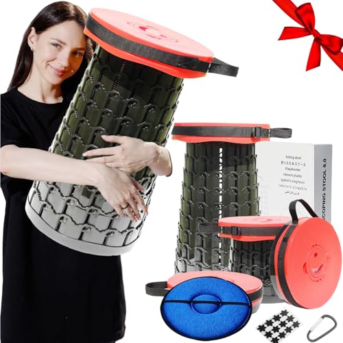 Upgraded 19.7"Portable Collapsible Folding Stool with Cushion Retractable Telescoping Foldable Stool for Adults Heavy Duty Camping Sturdy with Max Load Capacity 1000lbs for Outdoor Fishing Hiking BBQ (Red / XX-Large)