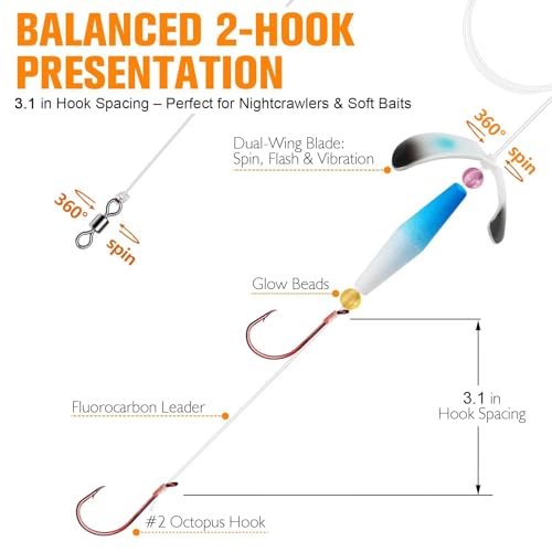 Crawler Harness Walleye Rigs with Dual (Red-Dual Baitholder Hooks-#4)