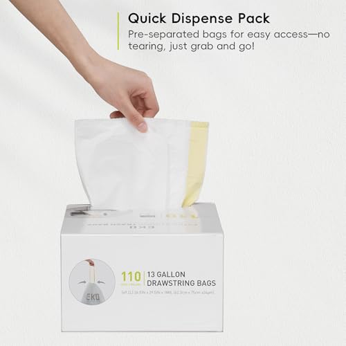 13 Gallon / 40-60 Liter,110 Count Drawstring Trash Bags, Extra-Strong Unscented Garbage Bags, Easy-Dispense Roll for Kitchen & Household Use, Resists Tears, Leaks and Punctures, Code F, White (110 Count (Pack of 1) / 13 Gallon Bags/Code F)