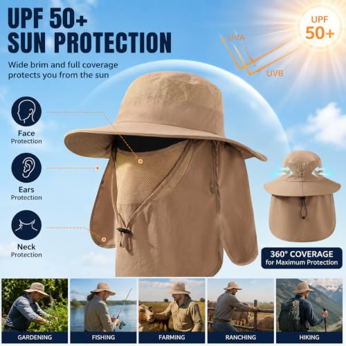 Men's Fishing Hat Sun Hat Boonie Hat UPF 50+ Wide Brim Outdoor Work Hat with Breathable Mesh & Chin Strap for Farm (Khaki)