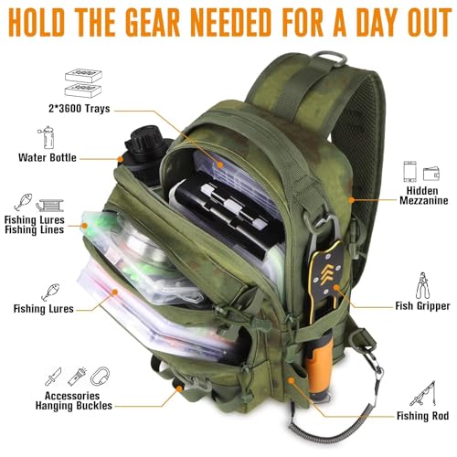 Small Fishing Backpack with Tackle Boxes Fishing Sling Bag DIY Embroidery Patches Tackle Bag Gift for Men Green (A: Fishing Tackle Backpack(green))