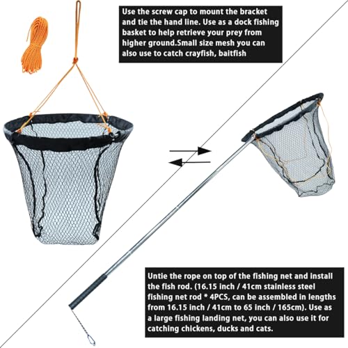 Large Collapsible Bridge Pier Fishing Net Rubber Coated Landing Net with Rod (31.5 x 31.5 x 35.4")