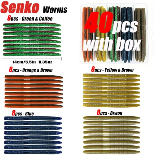 5 Colors 40 Pack Senko Worms for Bass Fishing