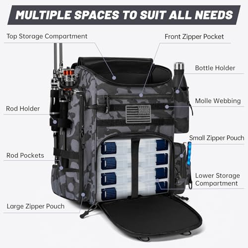40L Tackle Fishing Backpack with 2 Rod Holders (Black Camo)
