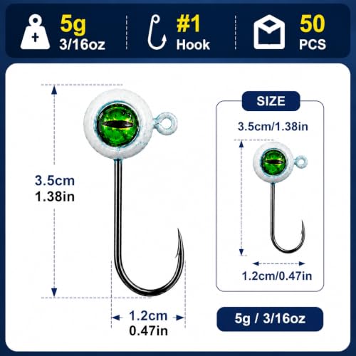 Jig Heads Fishing Hooks Kit with 3D Eyes for Bass Trout Panfish Lure Bait (50pcs-3/16oz)