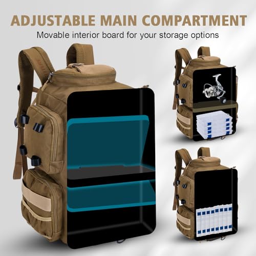 Fishing Tackle Backpack with 2 Rod Holders & Rain Cover (45L Khaki with Bottle Holder)