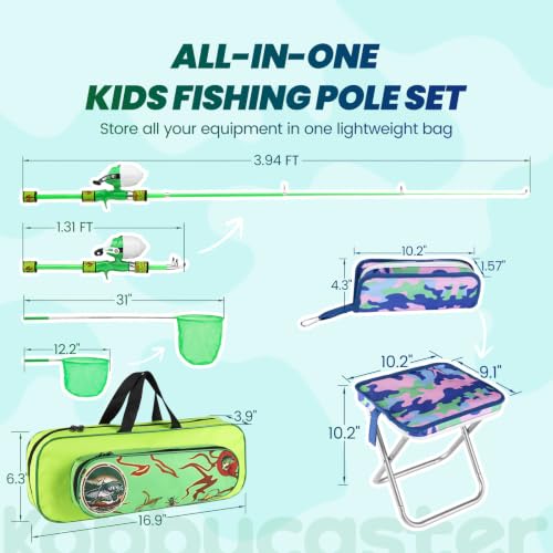 Kids Fishing Pole (Blue & Green / 3.94-ft Set + Chair + Hat)