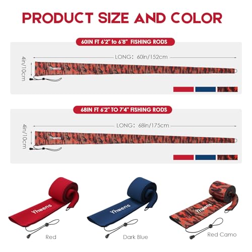 Neoprene Fishing Rod Sleeve Rod Socks for Fishing Poles Sleeve Rod Cover Rod Protector for Casting Spinning Trolling Fishing Rod Storage Durable (68" / Red Camo 2PCS)