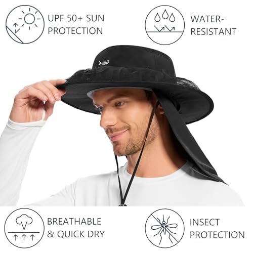 UPF 50+ Mosquito Net Hat with Stowable Neck Flap for Men Women Outdoor Fishing Hiking Camping Gardening FH17 Black (Medium / Black)