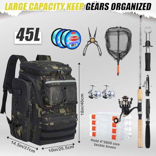 Fishing Backpack with Rod Holders (Dark CM (4 Tackle Boxes Included))